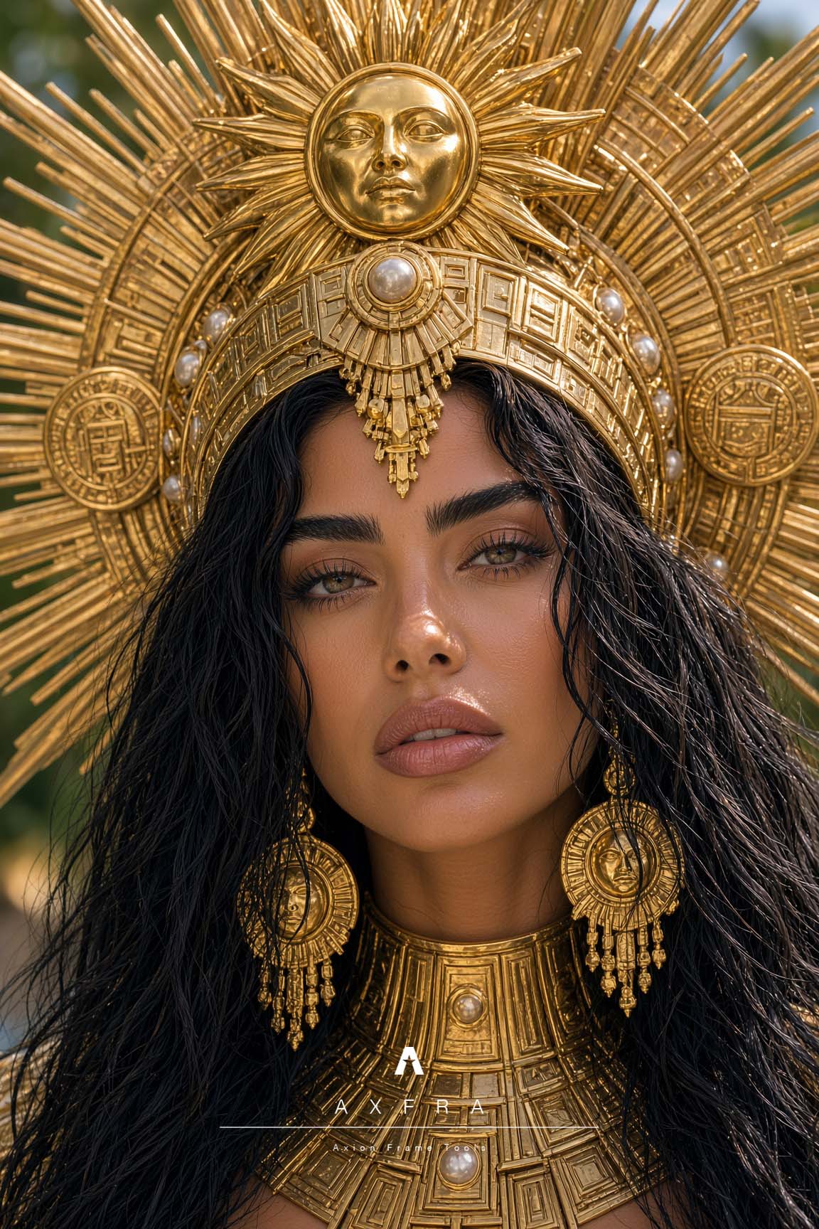 Primer plano de Indira con tocado monumental dorado rematado por un rostro solar, pendientes y cuello geométrico de oro.