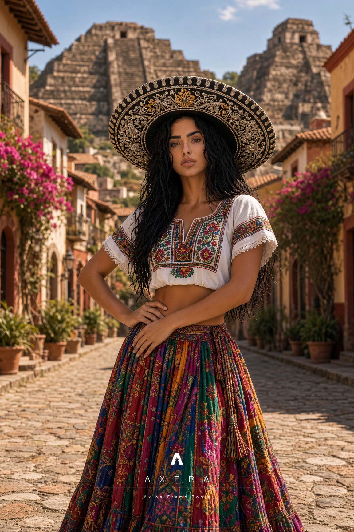 Indira posa en una calle adoquinada con sombrero negro bordado, blusa blanca y falda multicolor; detrás se ven pirámides escalonadas de fantasía.