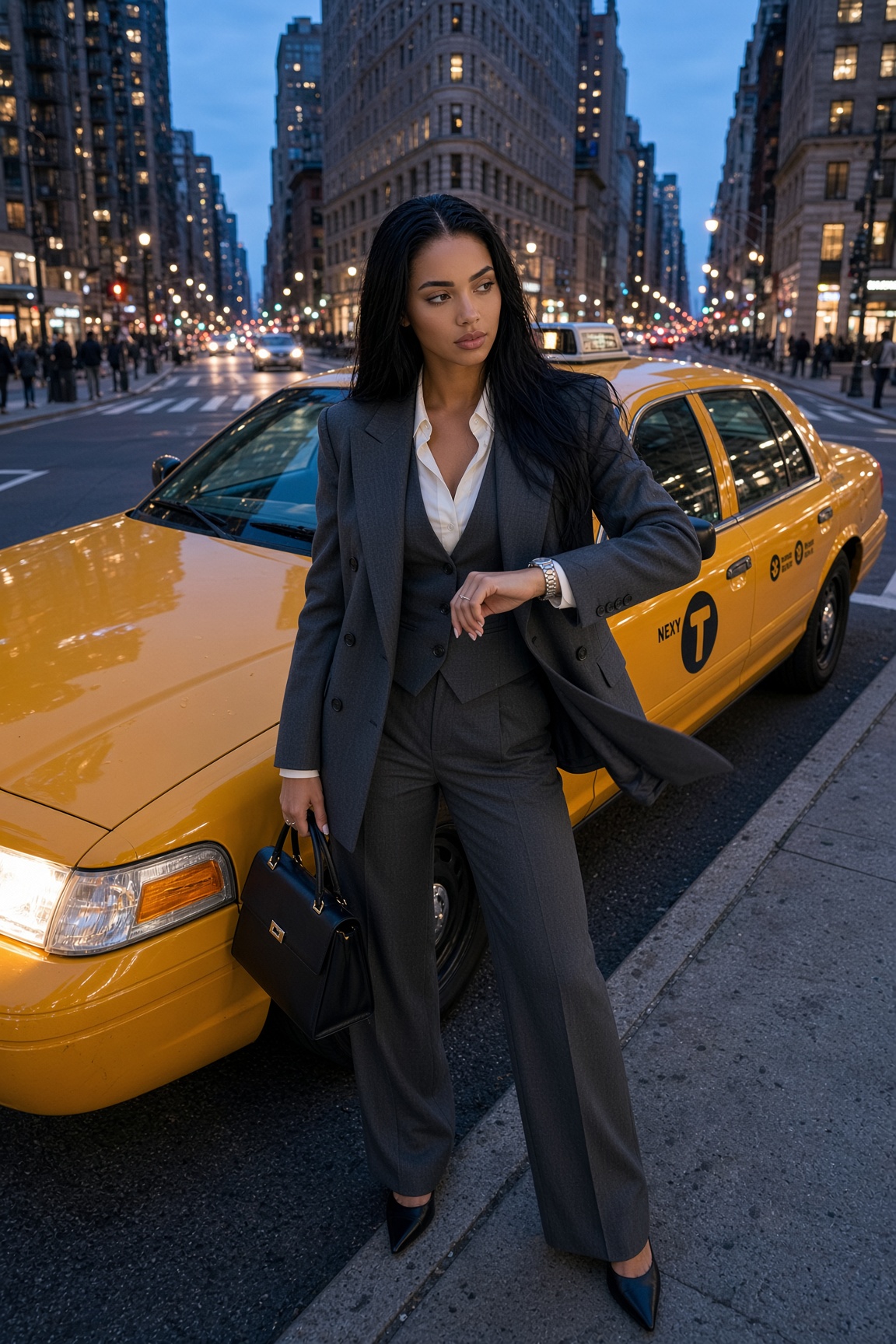 Indira en Nueva York, EE. UU.: The Unimpressed Executive; estudio de vestuario, pose, cámara e iluminación
