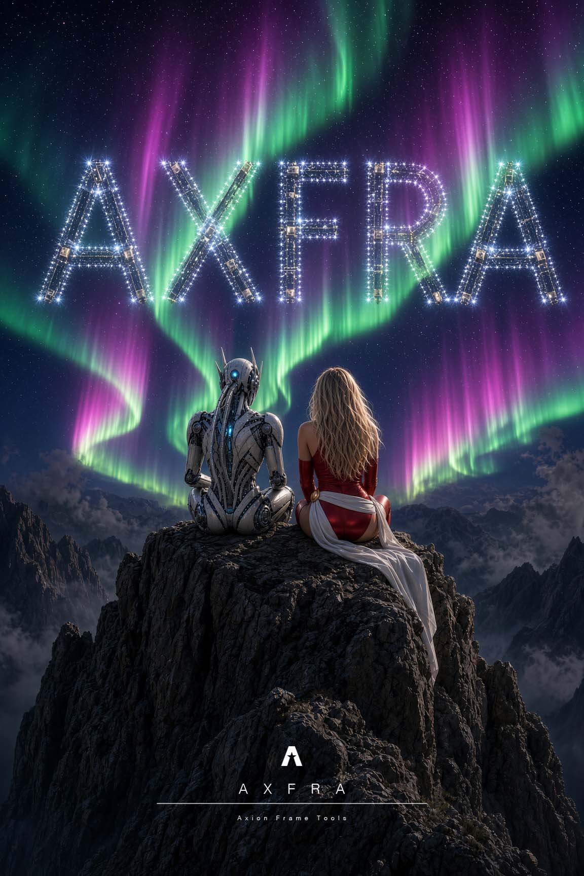 M.A.R.I.A. y Captain Dots vistas de espaldas, contemplando auroras verdes y violetas sobre montañas bajo un cielo estrellado con el nombre AXFRA