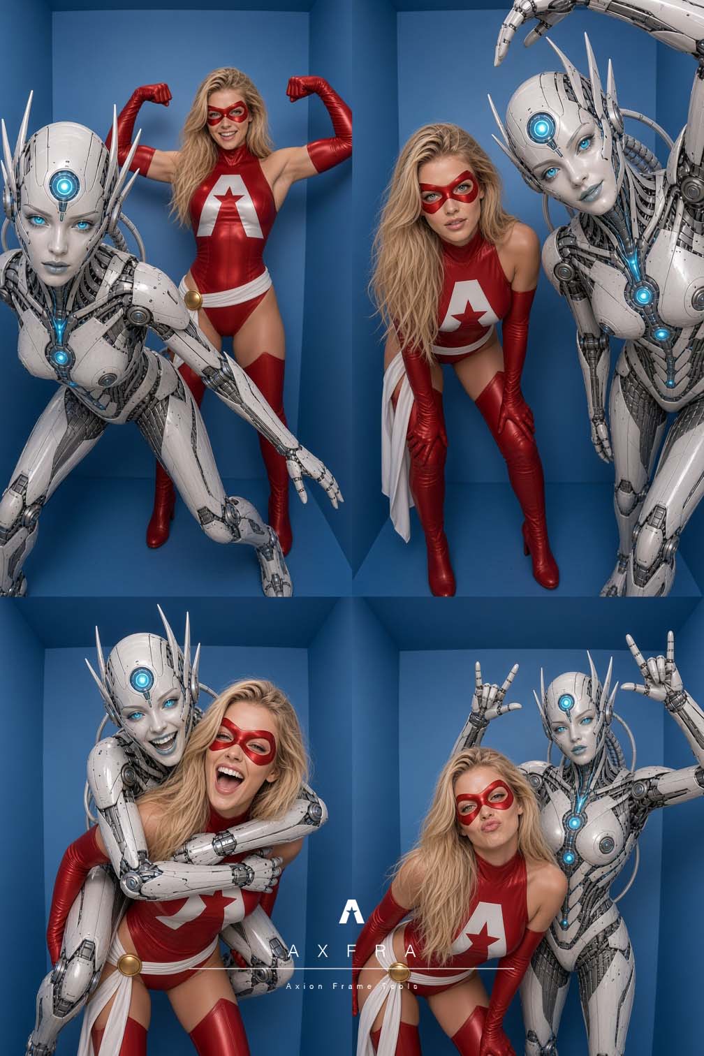Cuatro fotografías cómicas de M.A.R.I.A. y Captain Dots en una cabina azul
