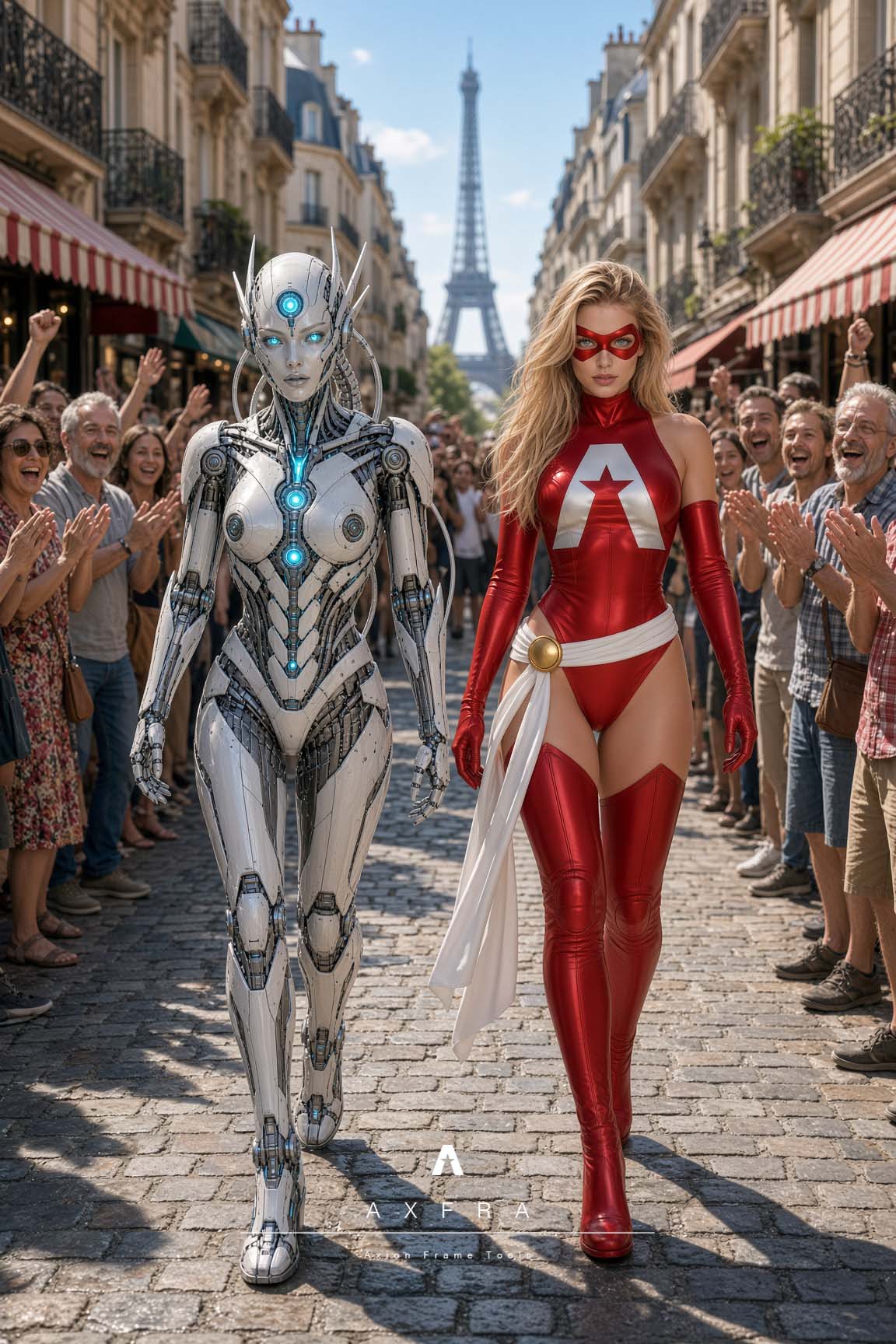 M.A.R.I.A. y Captain Dots caminan juntas por París ante una multitud que las aclama