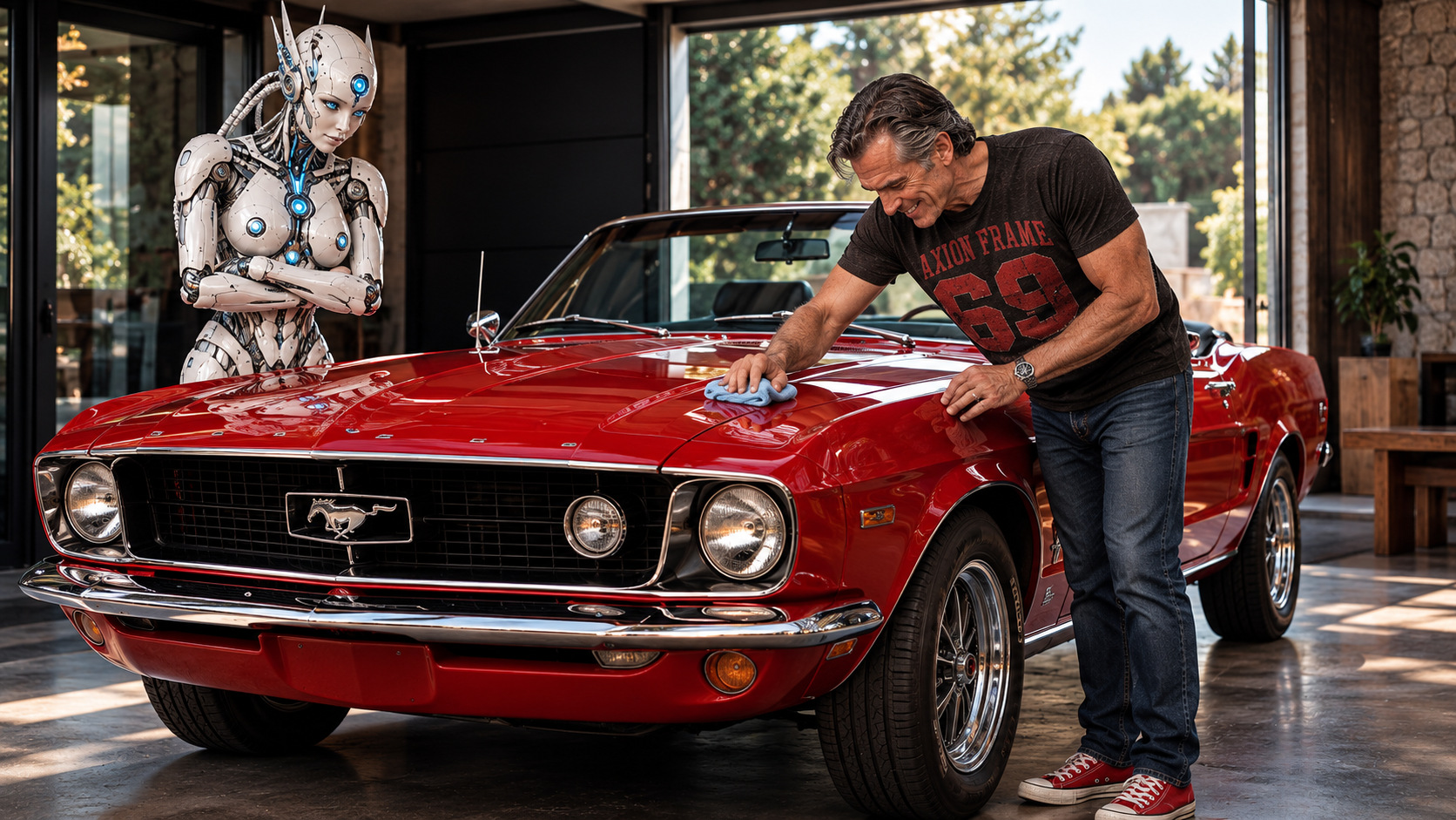 M.A.R.I.A. observa a Conde Alarsi mientras limpia su Mustang descapotable rojo de 1970