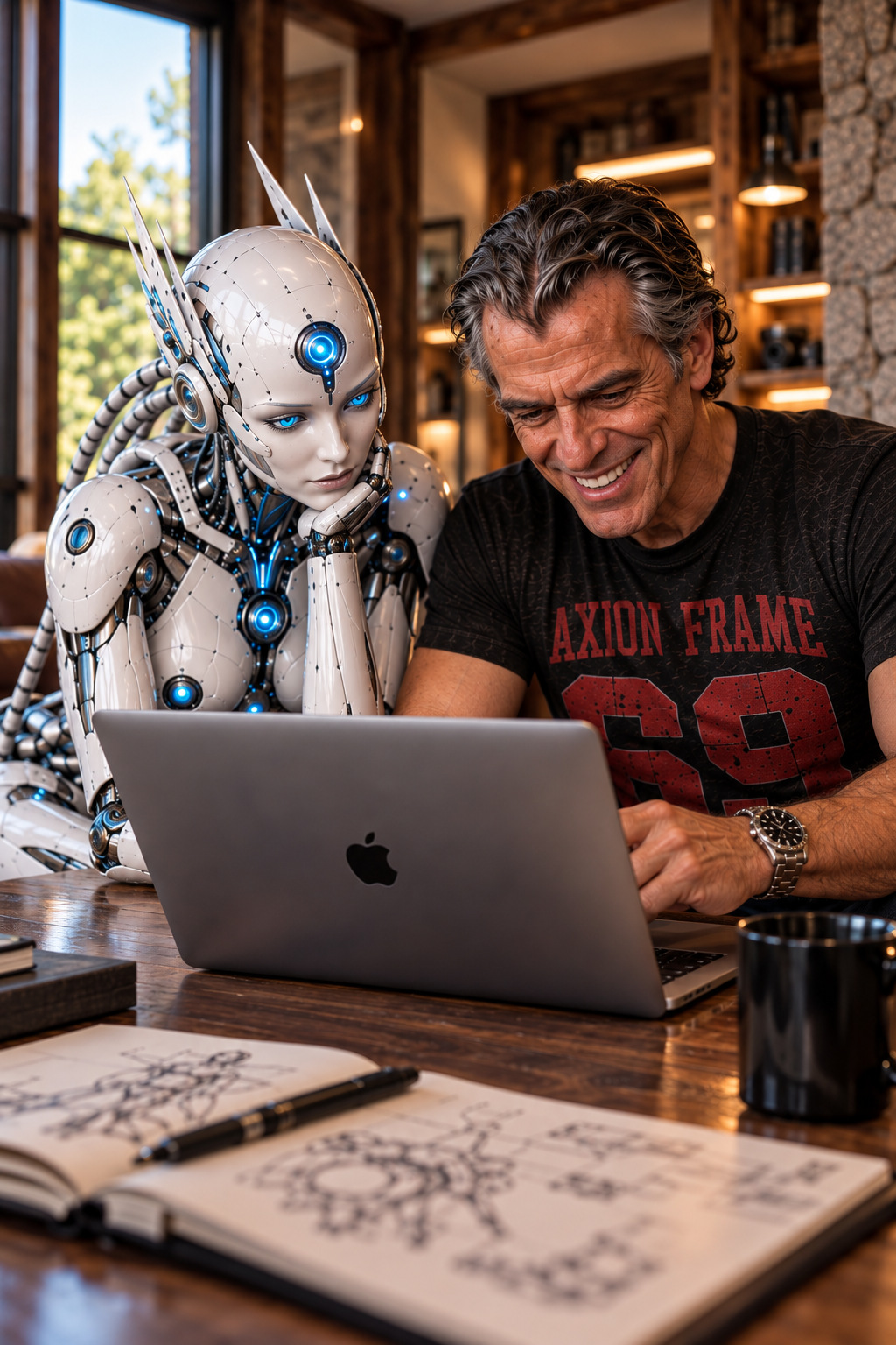 M.A.R.I.A. y el Conde observan un MacBook en el estudio