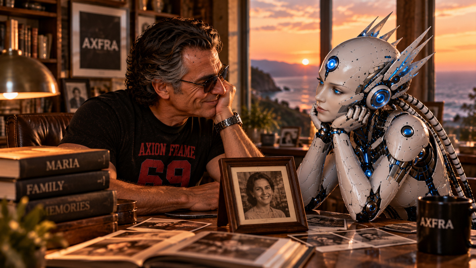 Retrato cercano de M.A.R.I.A. conversando con afecto con su creador, Conde Alarsi