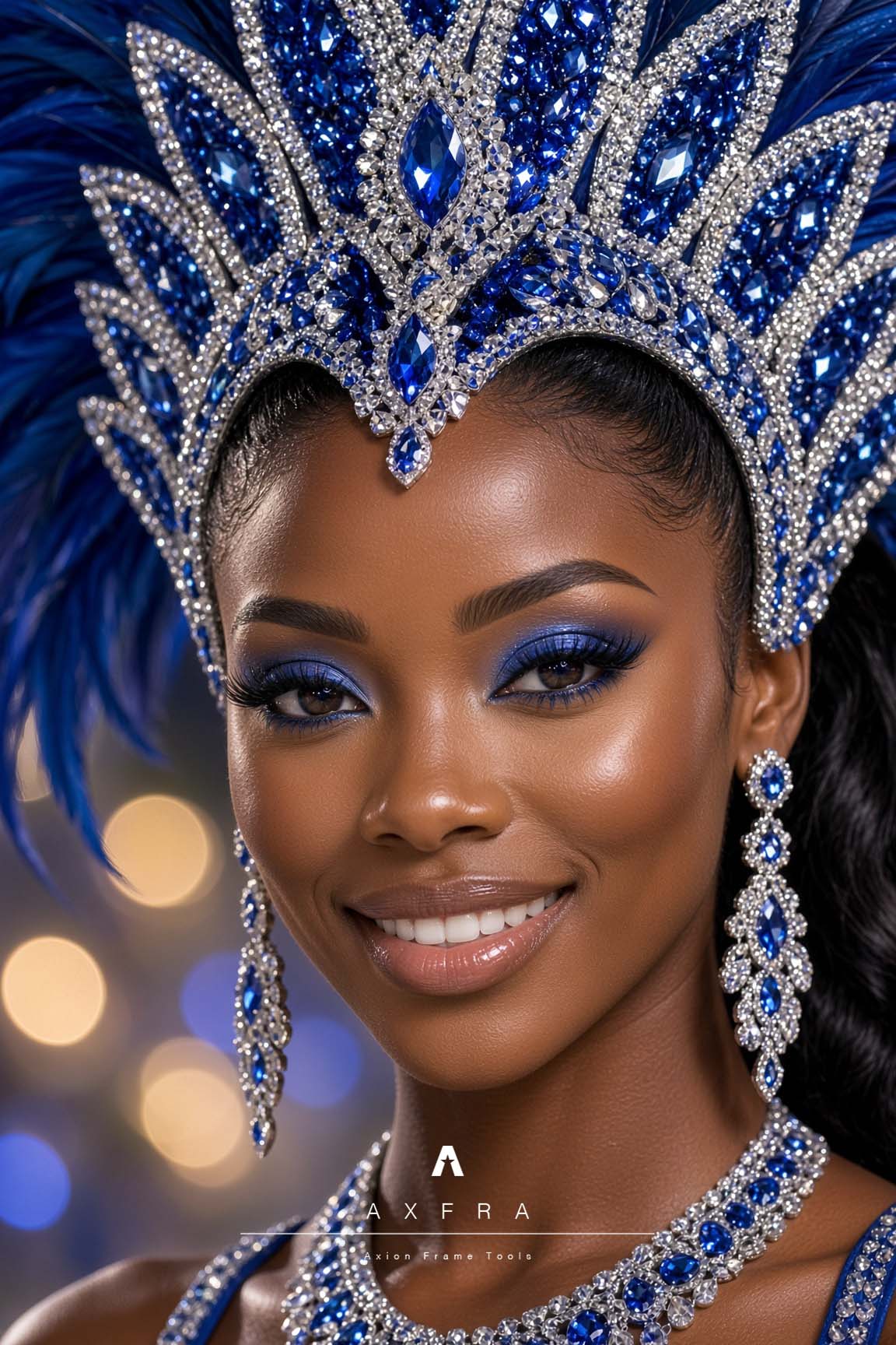 Primer plano editorial de Amina, con maquillaje y tocado de carnaval