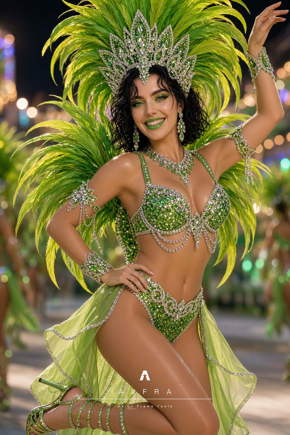 Dotsy con su traje de samba Verde Manzana en la recreación AXFRA del Carnaval de Río