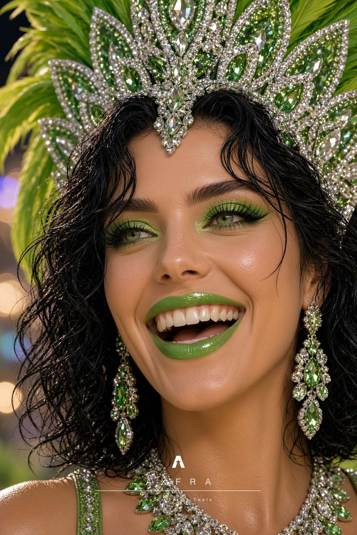 Primer plano editorial de Dotsy, con maquillaje y tocado de carnaval