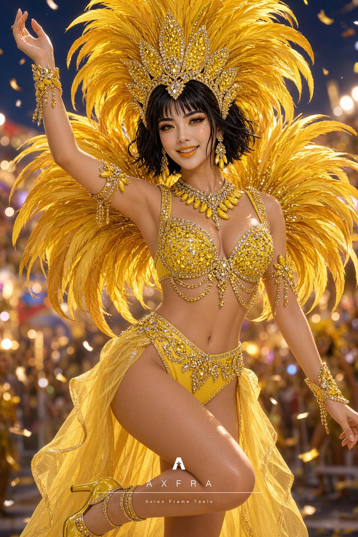 Hana con su traje de samba Amarillo Plátano en la recreación AXFRA del Carnaval de Río