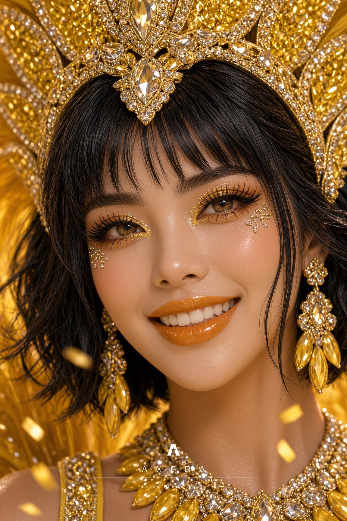 Primer plano editorial de Hana, con maquillaje y tocado de carnaval