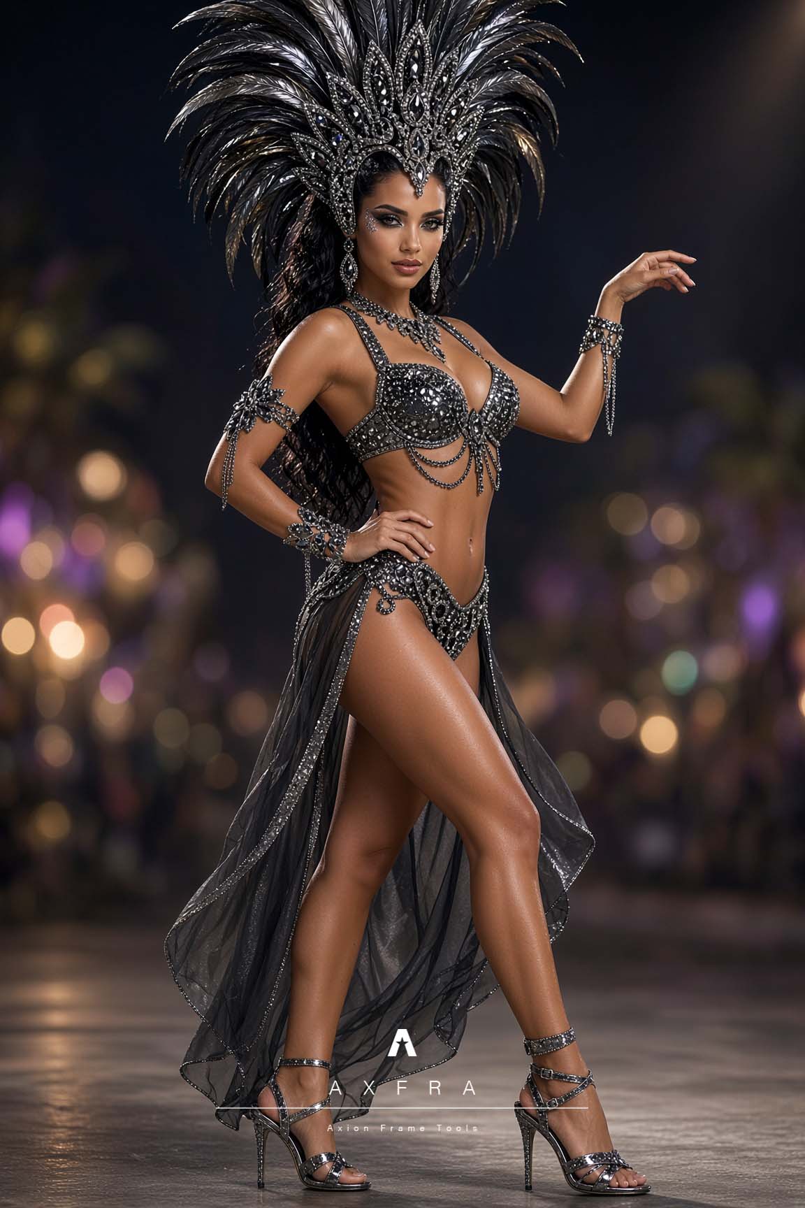 Indira con su traje de samba Negro Metálico en la recreación AXFRA del Carnaval de Río