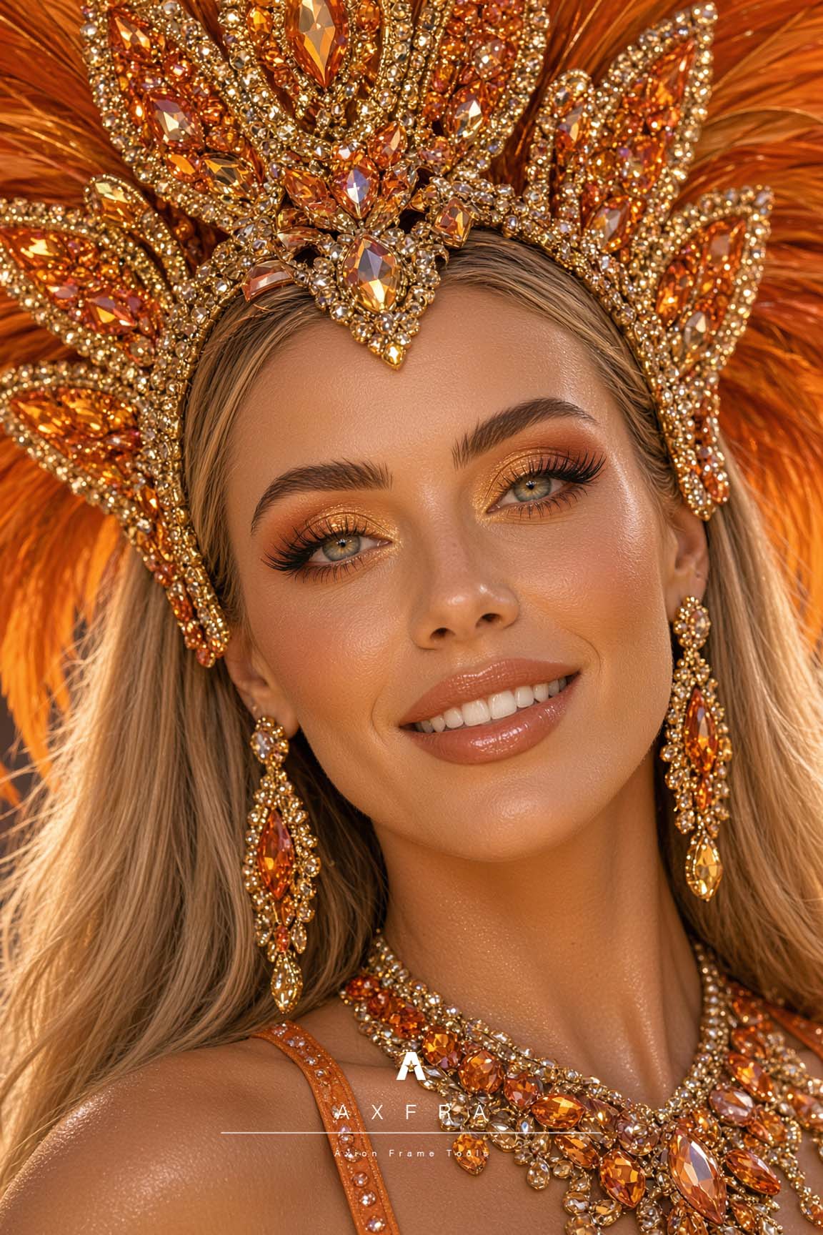 Primer plano editorial de Mara, con maquillaje y tocado de carnaval