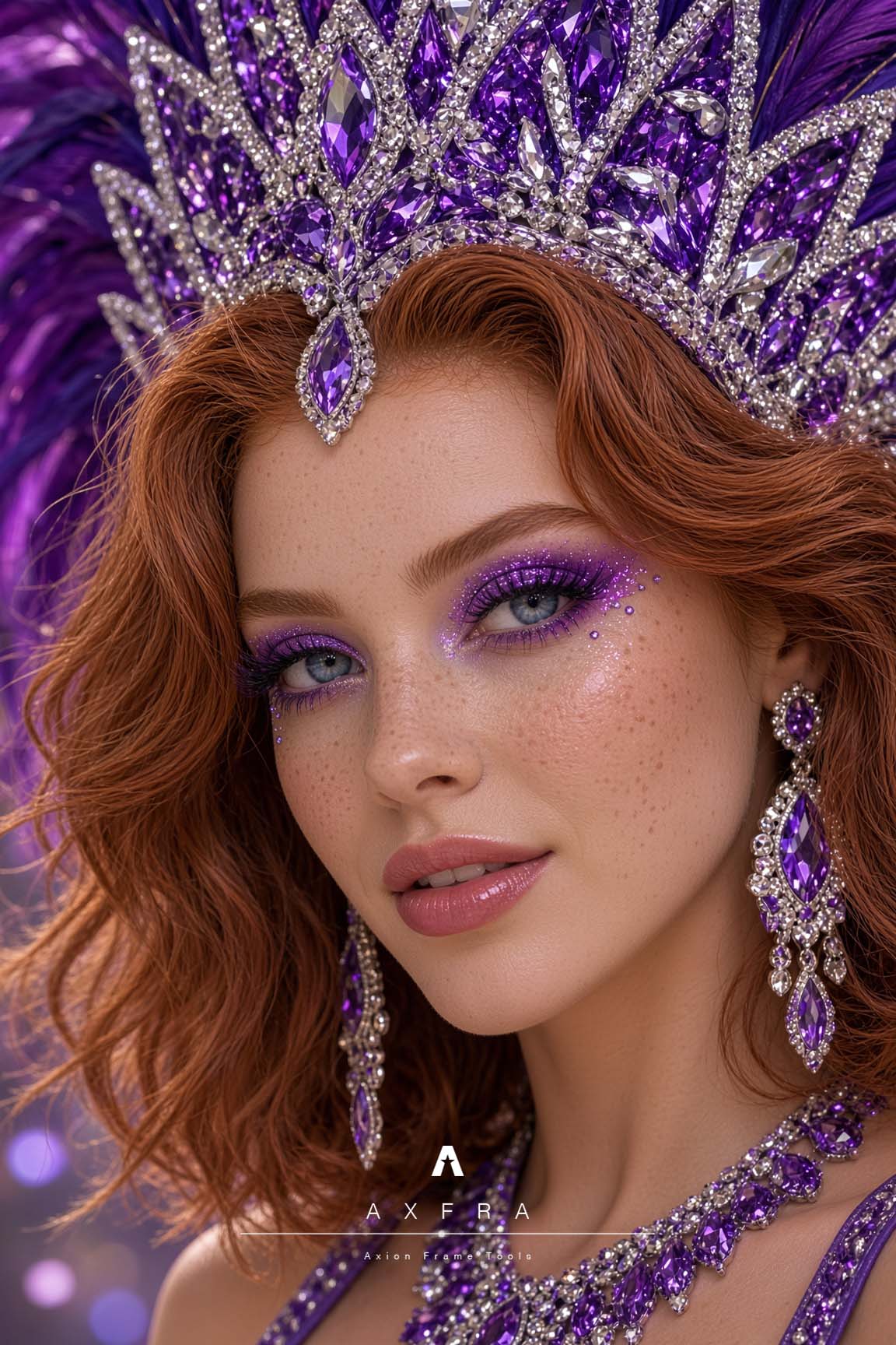 Primer plano editorial de Mira, con maquillaje y tocado de carnaval