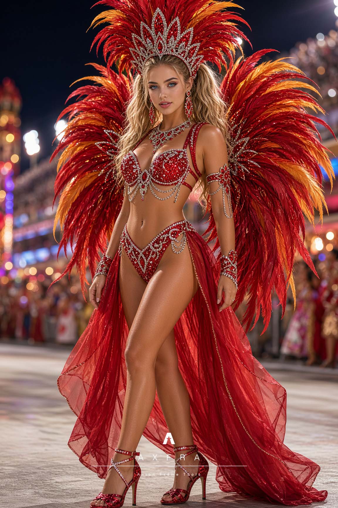 Paulina Dots con su traje de samba Rojo en la recreación AXFRA del Carnaval de Río