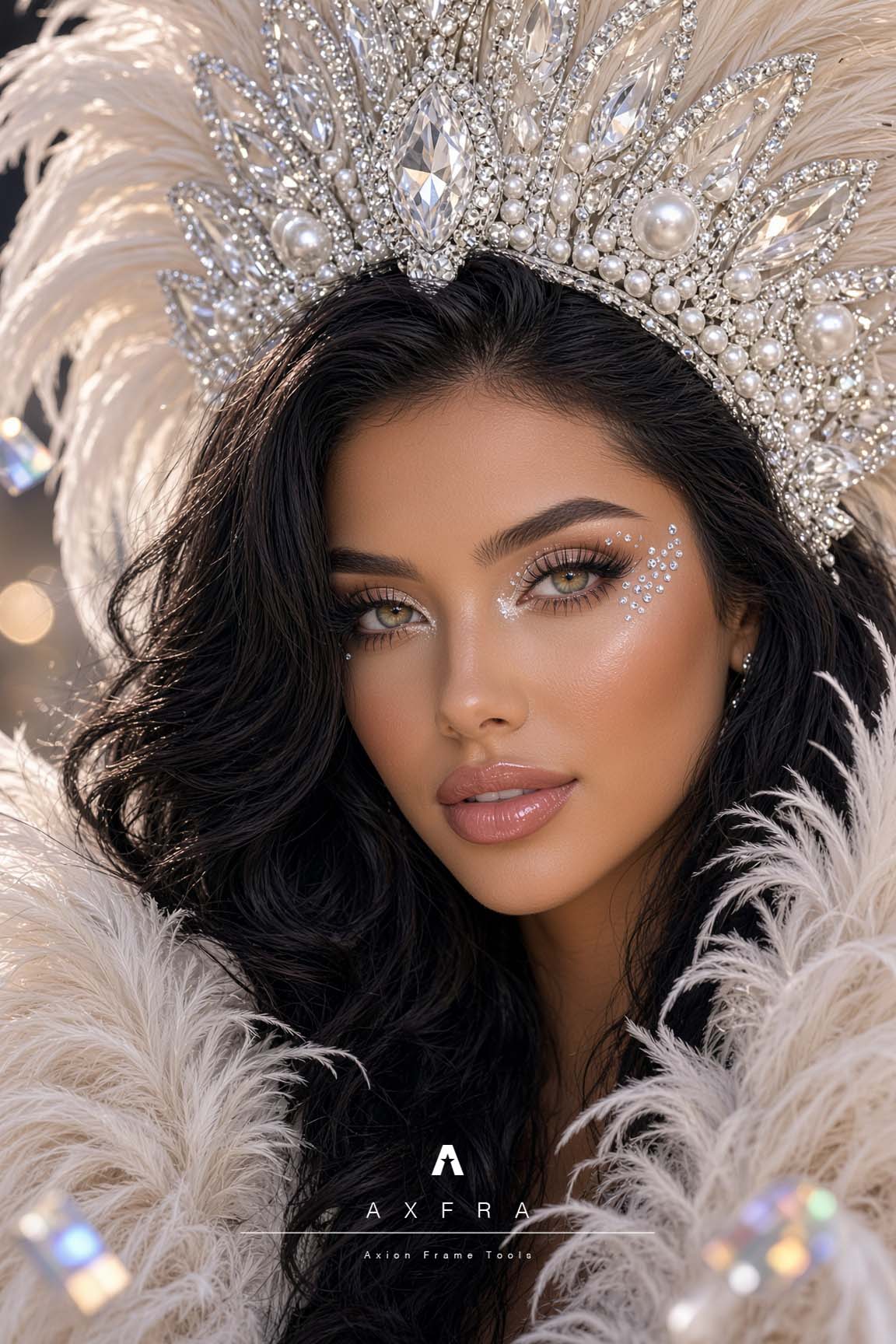Primer plano editorial de Viktoria, con maquillaje y tocado de carnaval