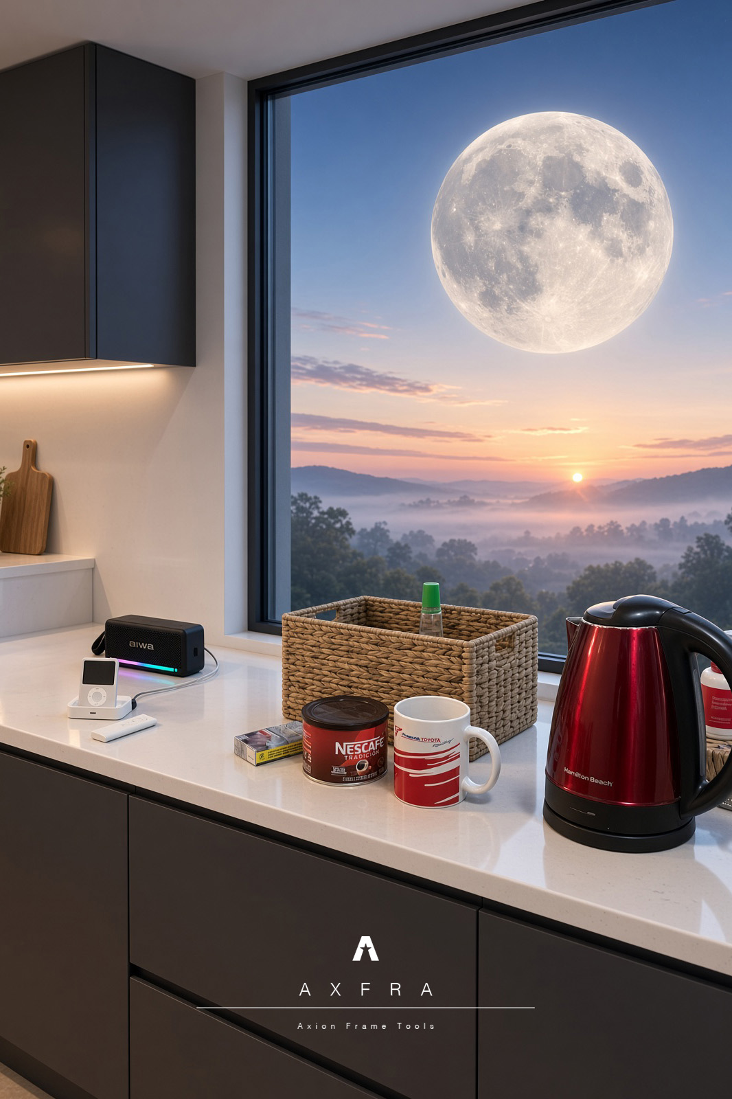 Cocina de ALARSI utilizada como escenario de referencia, con hervidor rojo, taza y luna sobre el paisaje.