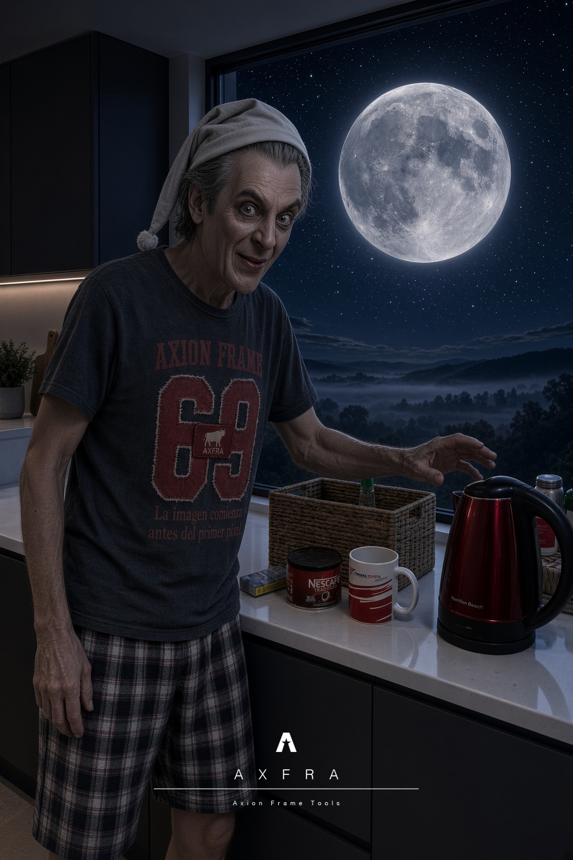 Drácula con gorro de dormir y polera AXION FRAME 69 junto al hervidor rojo, integrado en la cocina nocturna de ALARSI.