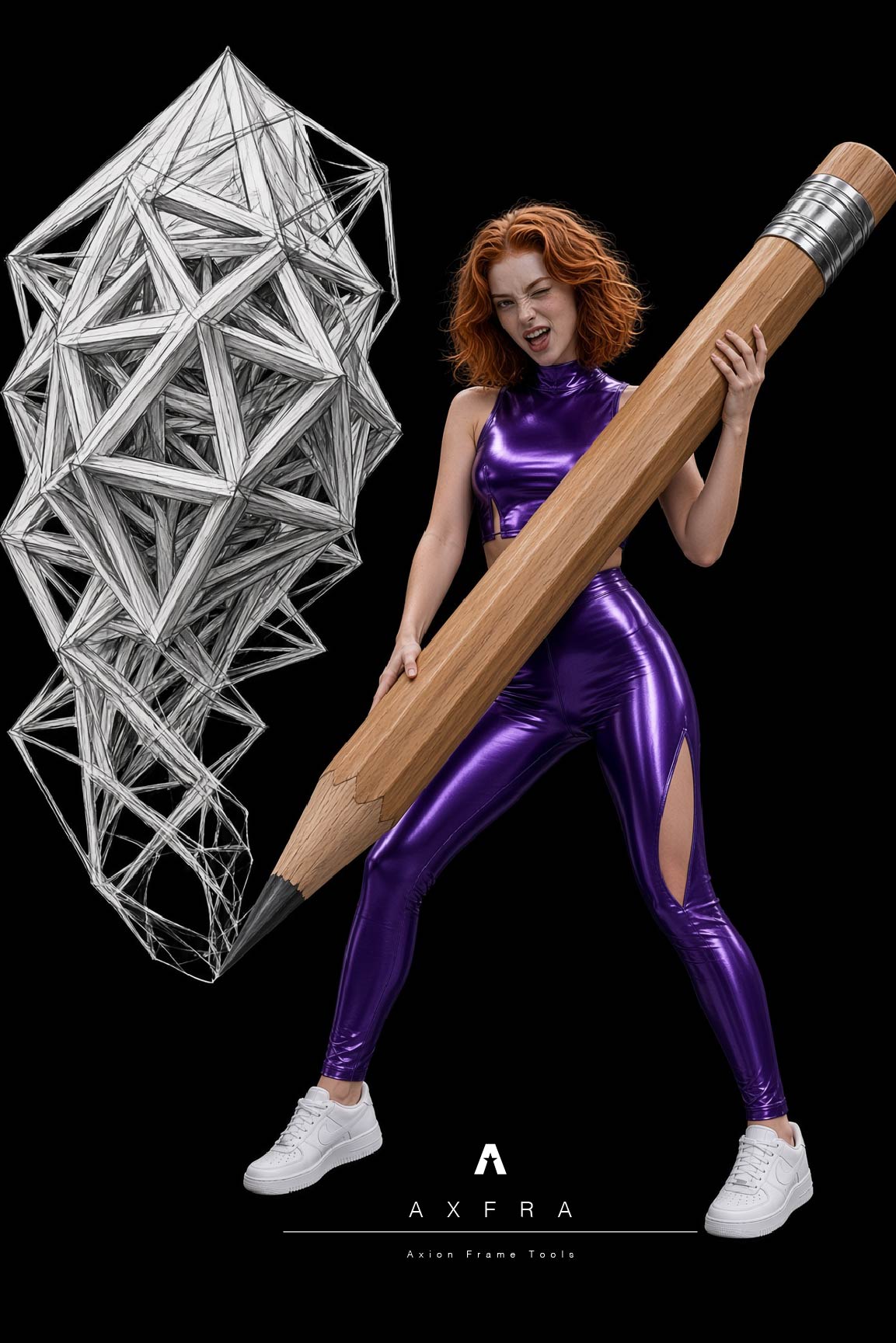 Retrato de Amina y figuras con vestuario deportivo azul sobre fondo oscuro.