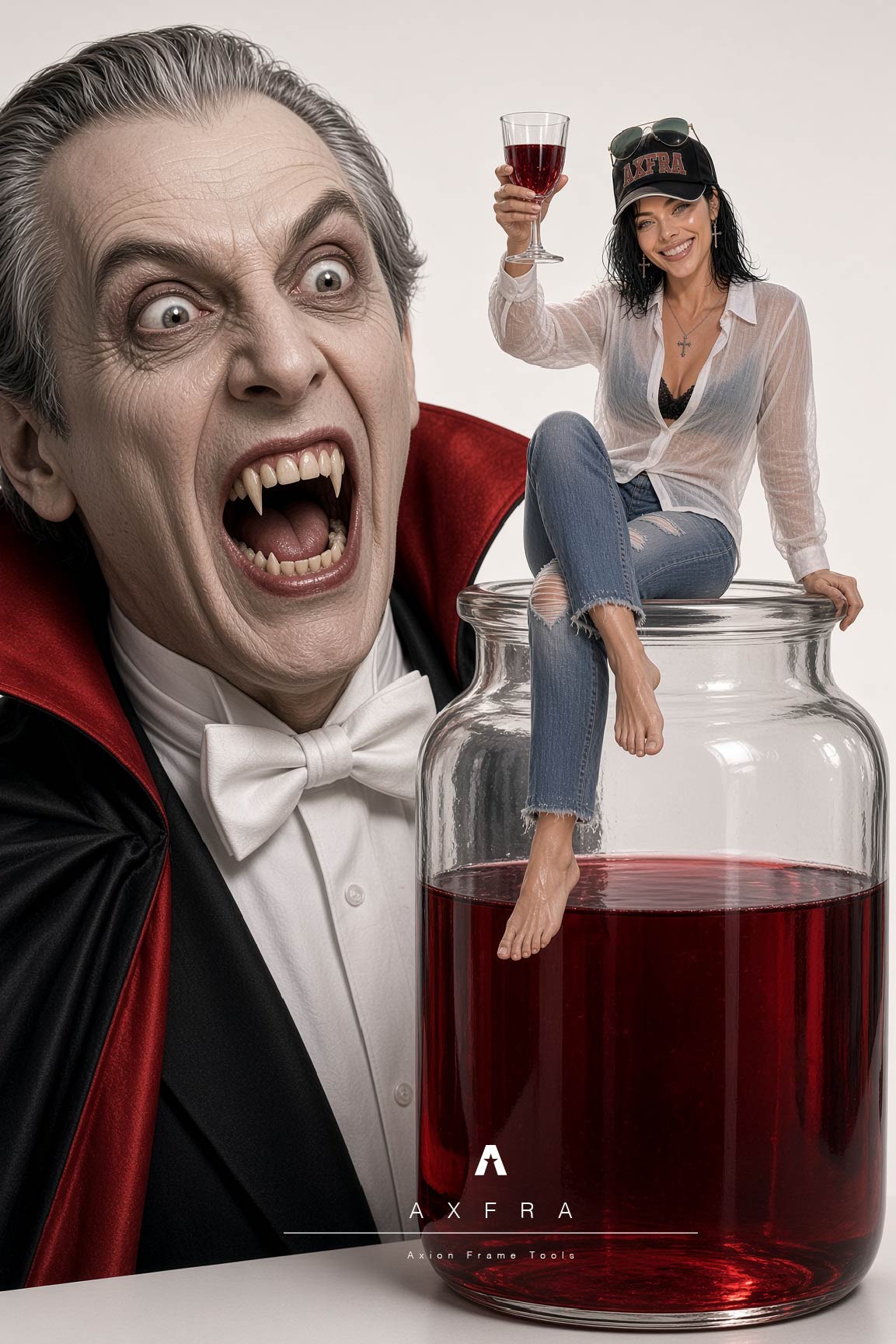 Vampiro junto a mujer sentada sobre un frasco con líquido rojo.
