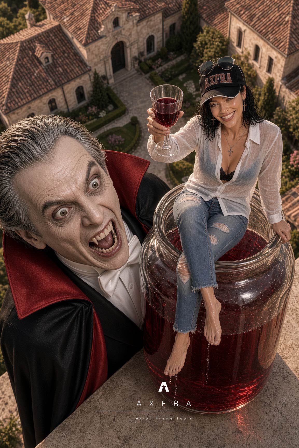 Drácula junto a mujer con gorra AXFRA sentada sobre un gran recipiente rojo, brindando con una copa.