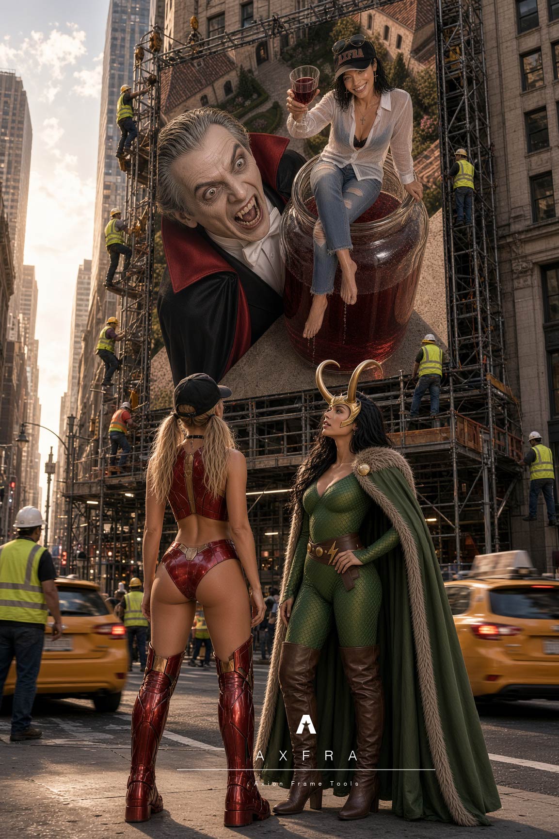 Montaje urbano con vampiro gigante y personajes de superhéroes.