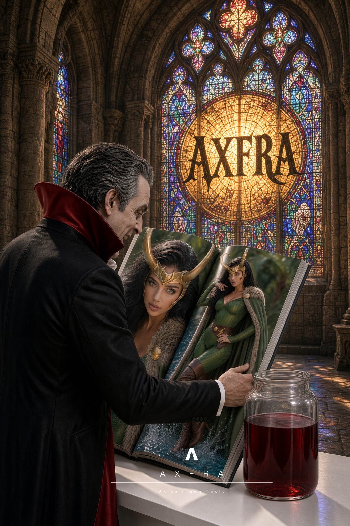 Drácula abre un libro con imágenes de Viktoria Dots ante un vitral AXFRA