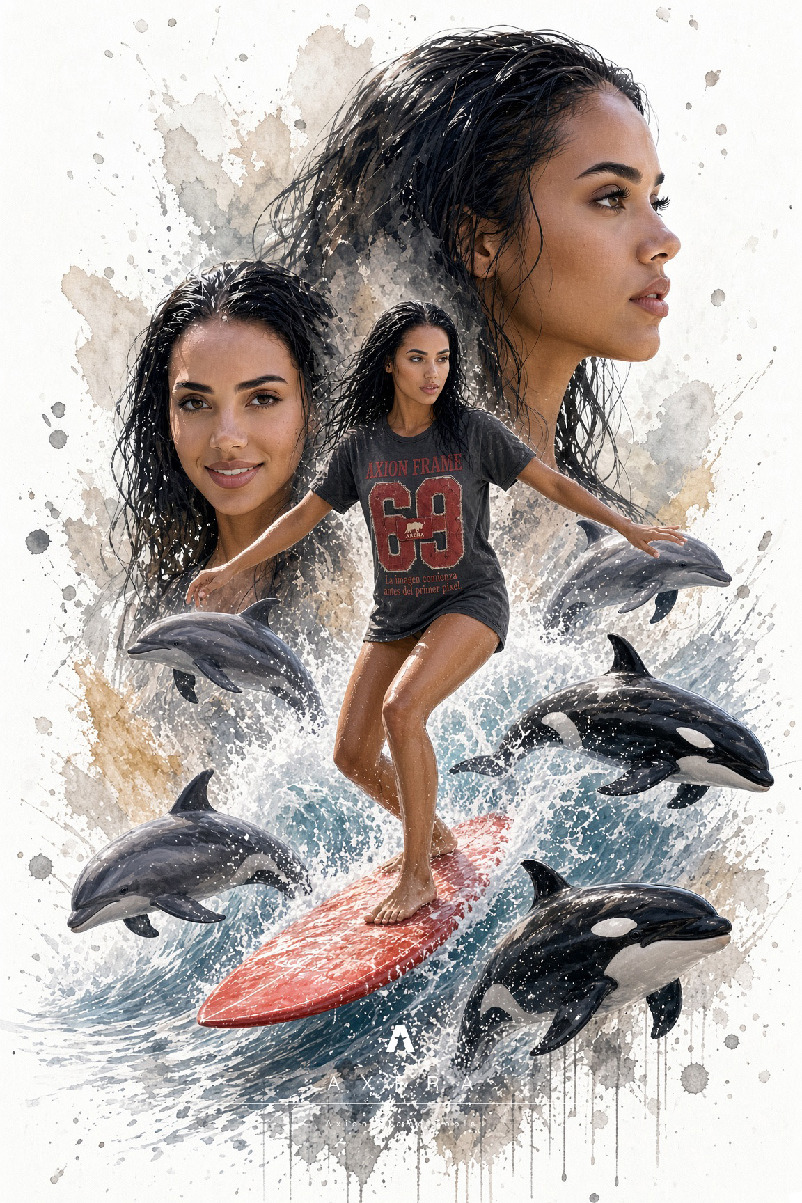 Poster artístico de Indira surfeando rodeada de delfines y orcas.