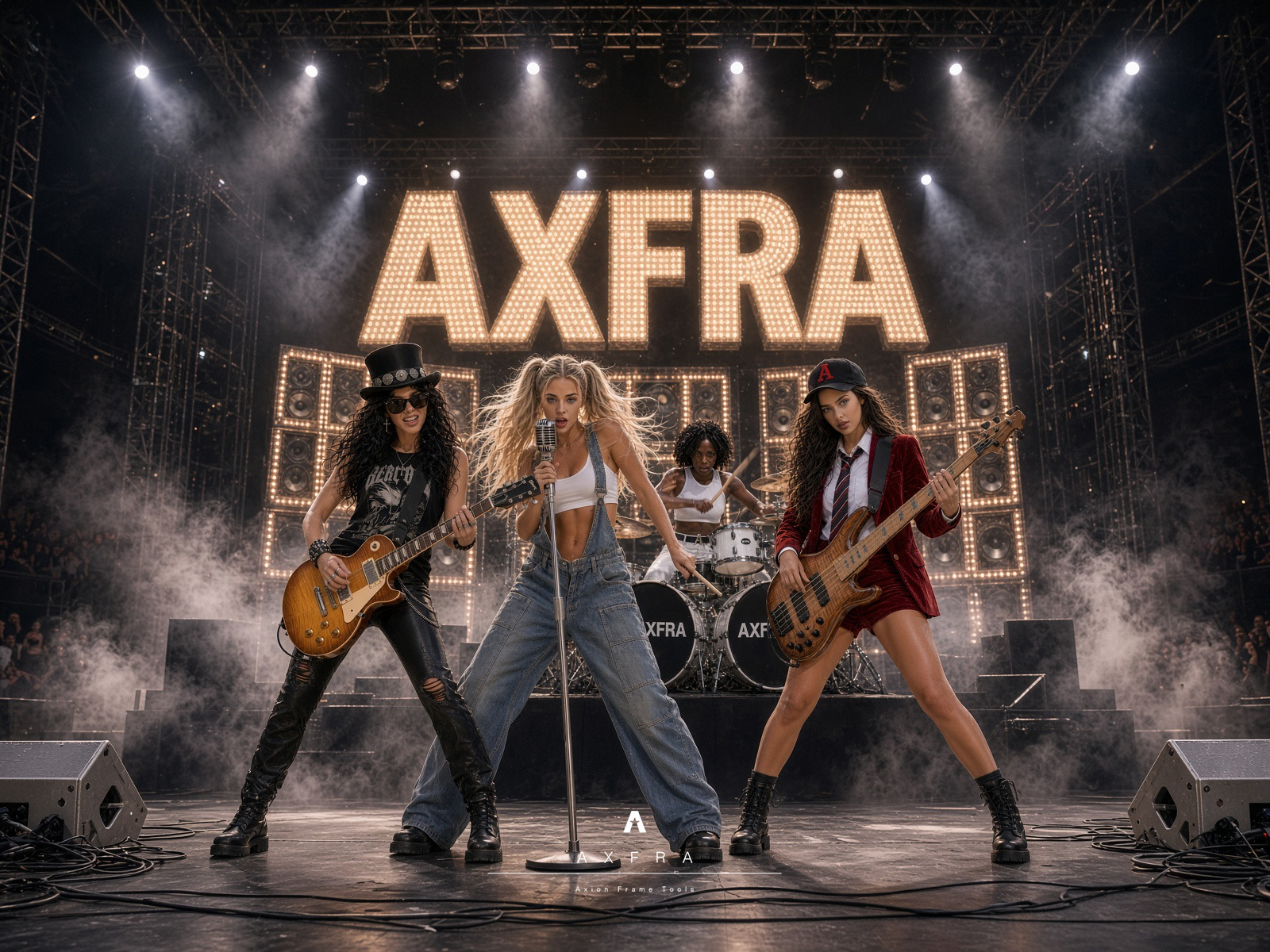 PauDotsBand sobre un escenario de rock con el gran letrero AXFRA iluminado.