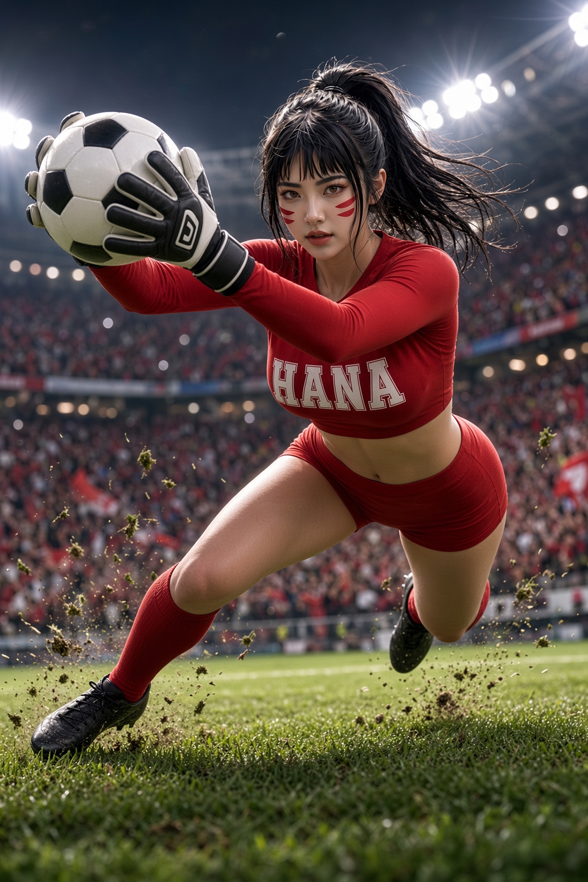 Hana, arquera del Team Red, atrapa el balón durante una atajada