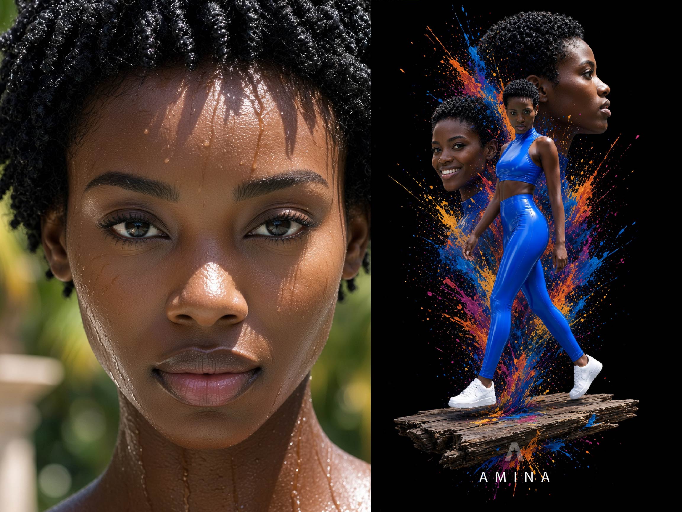 Ficha de Amina, con retrato y representación de cuerpo entero sobre fondo gráfico.