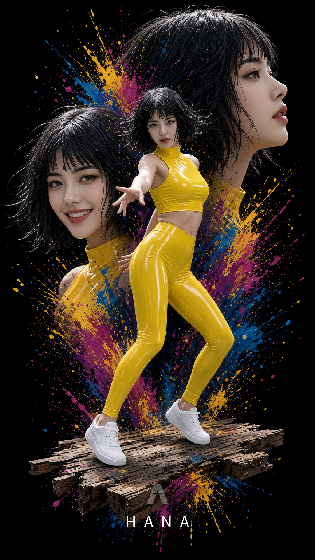 Referencia visual de Hana con figura de cuerpo entero y elementos visuales de referencia.
