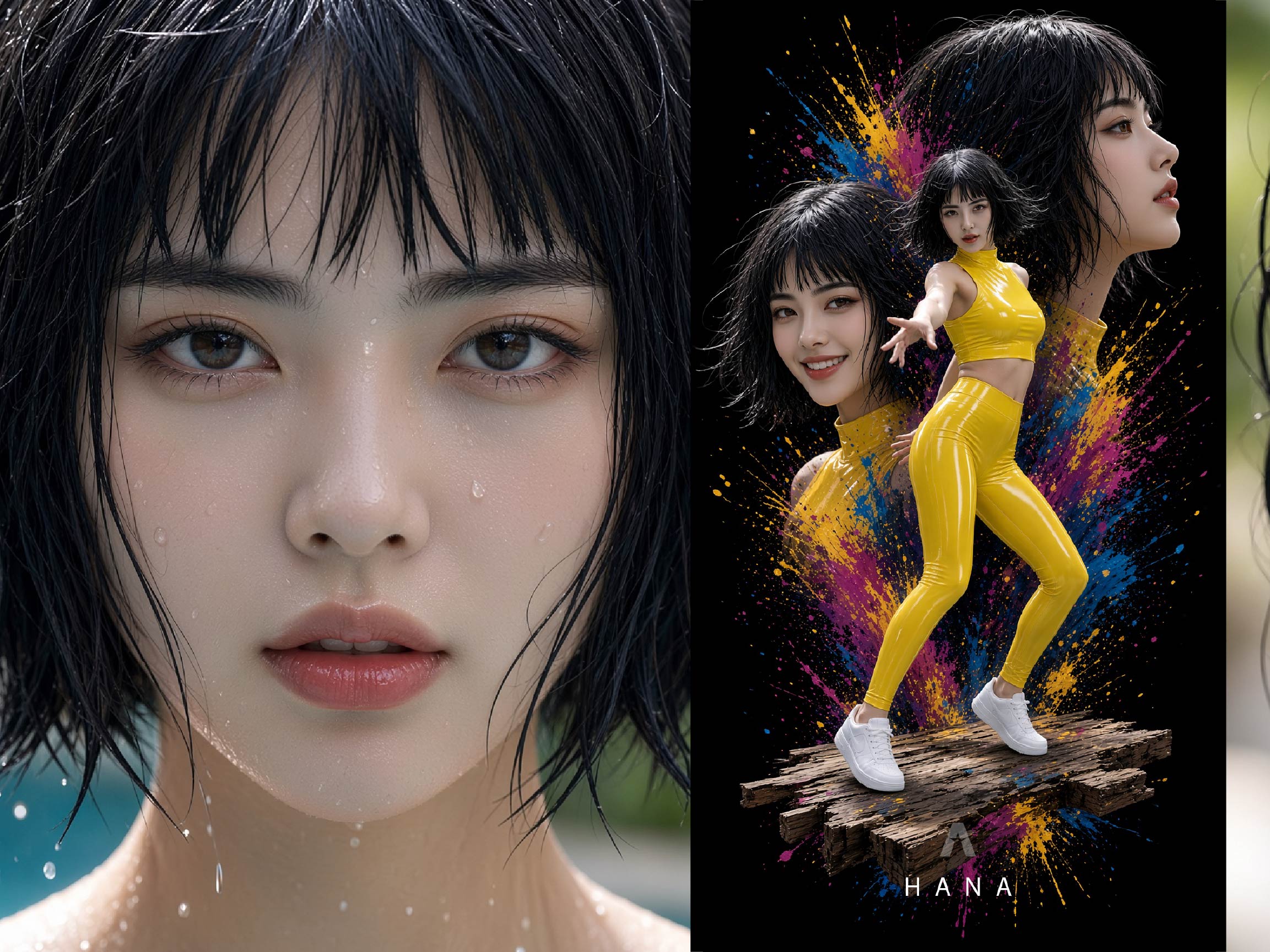 Ficha de Hana, con retrato y representación de cuerpo entero sobre fondo gráfico.