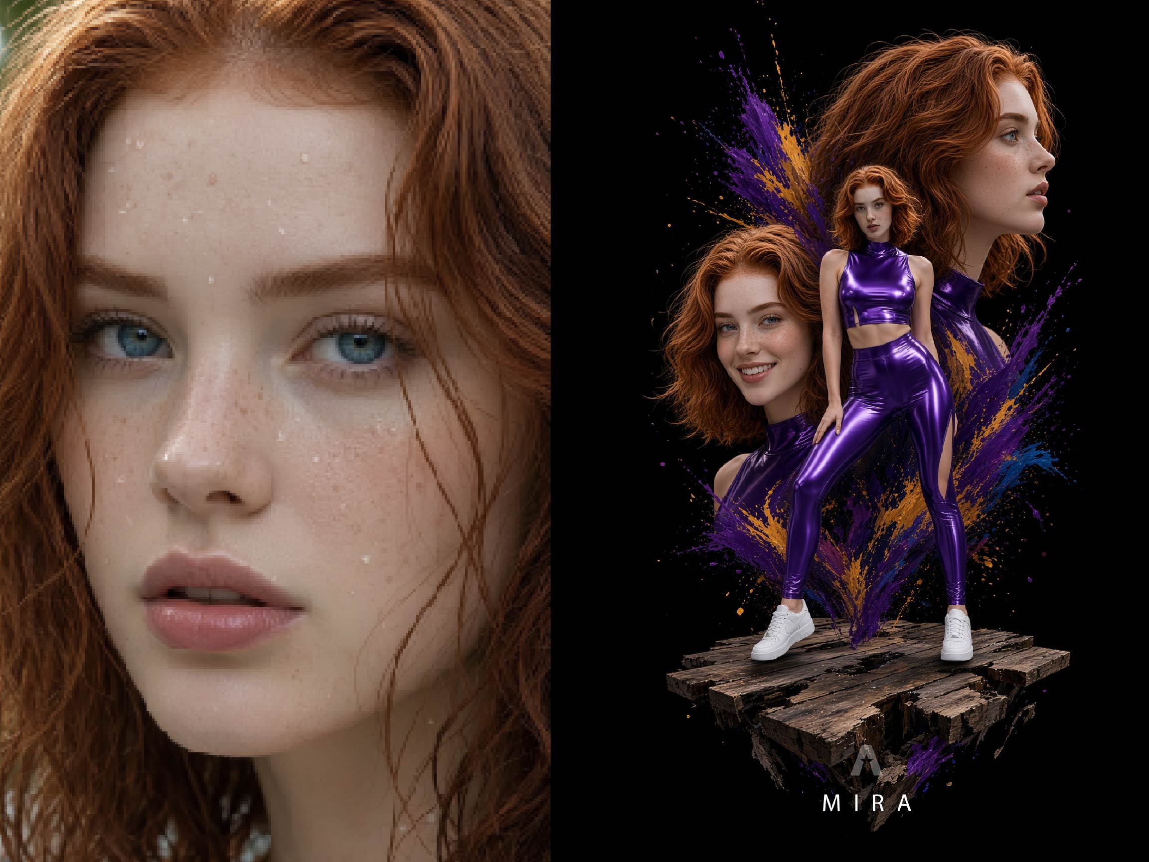 Ficha de Mira, con retrato y representación de cuerpo entero sobre fondo gráfico.