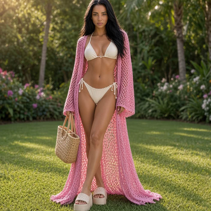 Indira con bikini blanco y salida de playa rosa de punto calado en un jardín tropical.