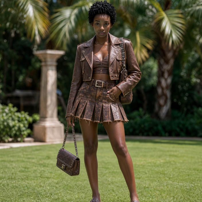 Amina con chaqueta de cuero marrón y falda corta plisada en un jardín tropical.