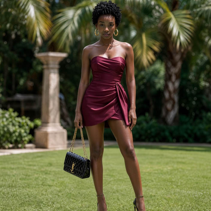 Amina con minivestido de satén en tono burdeos en un jardín tropical.