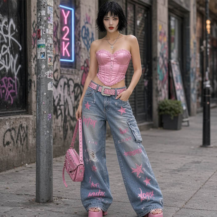 Hana con corsé con denim y calzado de plataforma rosa en un jardín tropical.