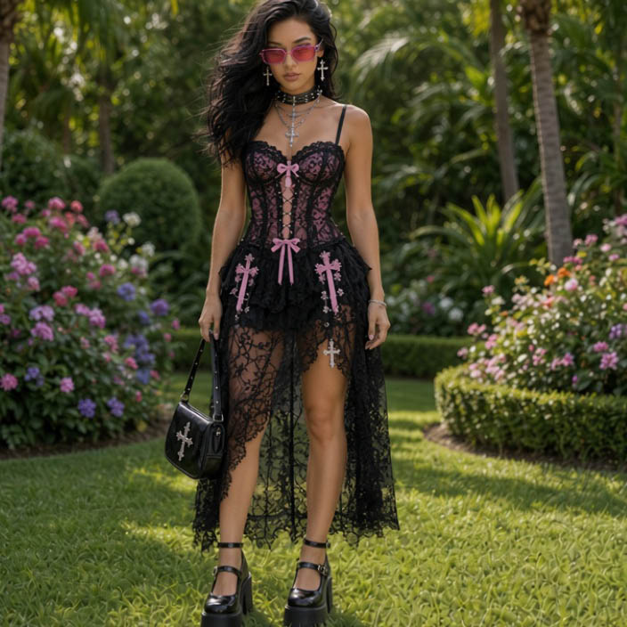 Viktoria Dots con conjunto gótico de encaje negro y rosa en un jardín tropical.