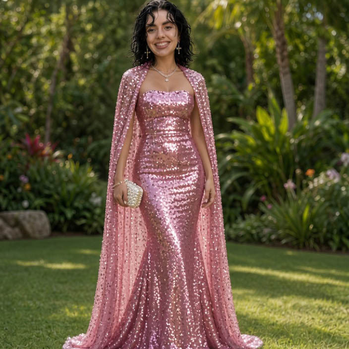 Dotsy con vestido rosa de lentejuelas y silueta sirena en un jardín tropical.