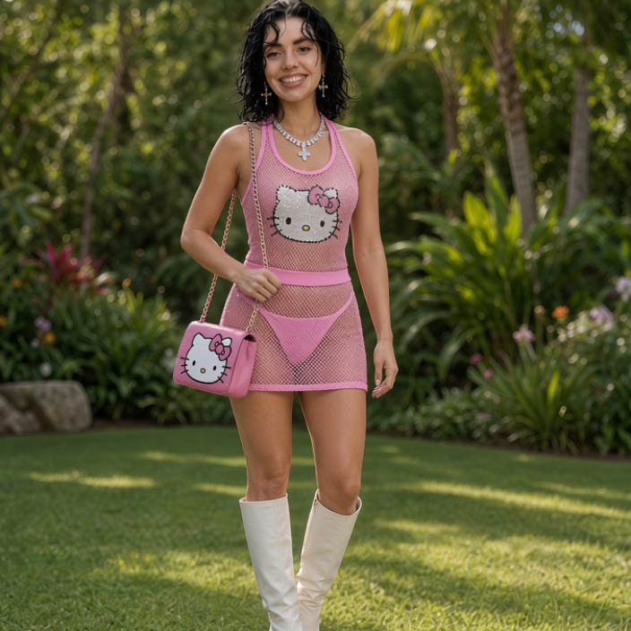 Dotsy con conjunto inspirado en Hello Kitty con tejido de malla en un jardín tropical.