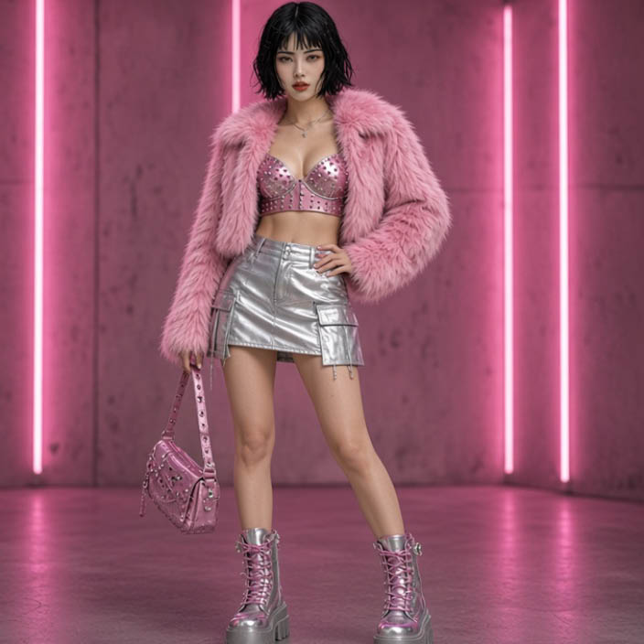 Hana con conjunto rosa metalizado con detalles de pelo sintético y prendas cargo.