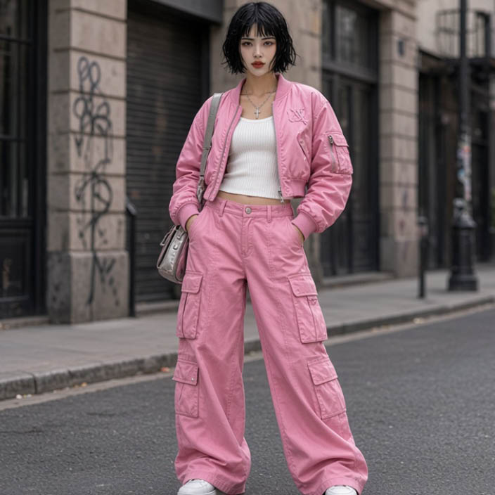 Hana con chaqueta bomber rosa y pantalones cargo rosados en un jardín tropical.
