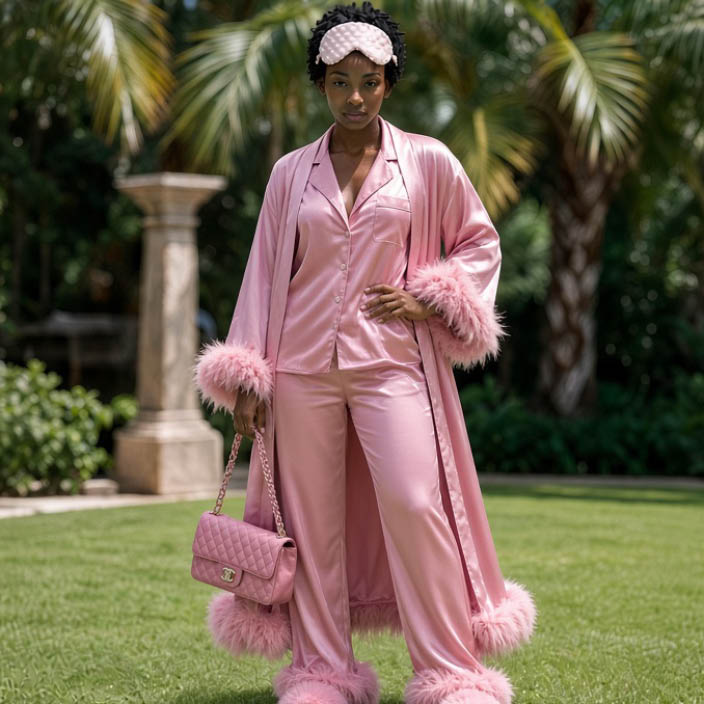 Amina con look rosa femenino de la colección editorial Flat Lay 01 en un jardín tropical.