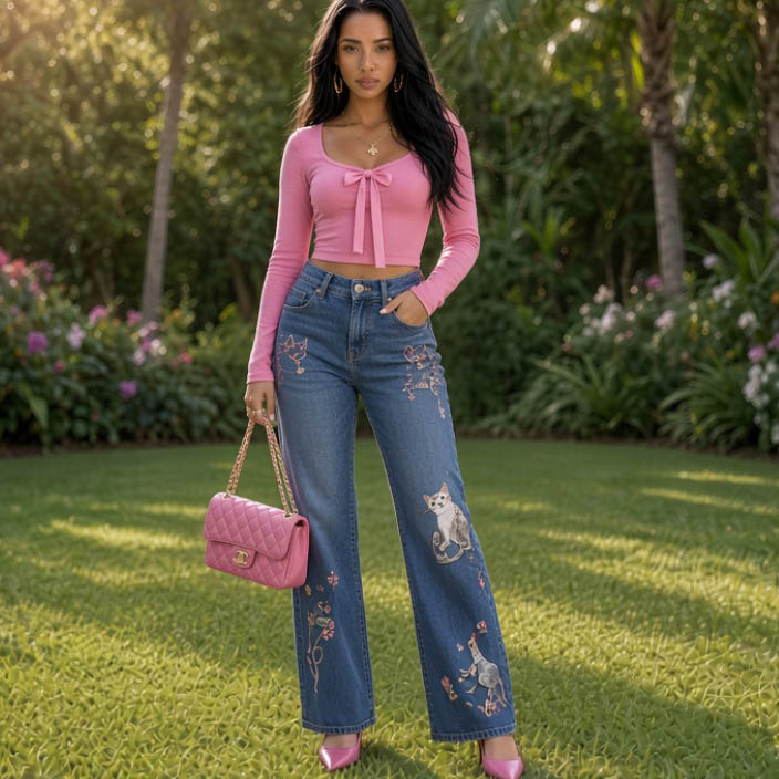 Indira con top rosa de lazo, jeans bordados y bolso rosado en jardín tropical.