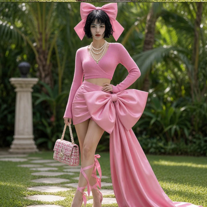 Hana con conjunto rosa con falda cruzada y lazo en un jardín tropical.