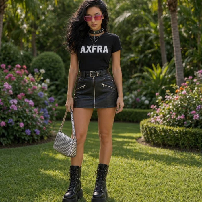 Viktoria Dots con conjunto rockero con prendas de cuero en un jardín tropical.