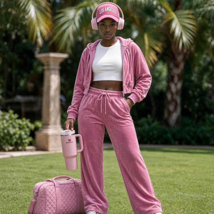 Amina con conjunto rosa de velour para viaje en un jardín tropical.