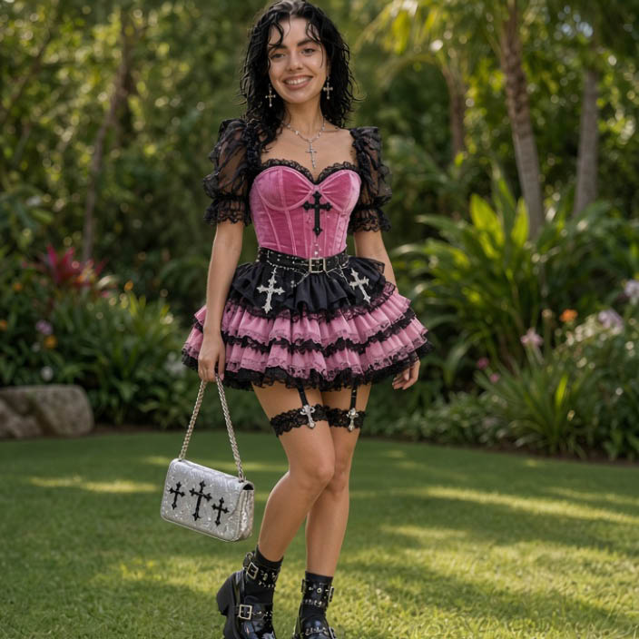 Dotsy con conjunto rosa y negro de terciopelo con estética gótica en un jardín tropical.