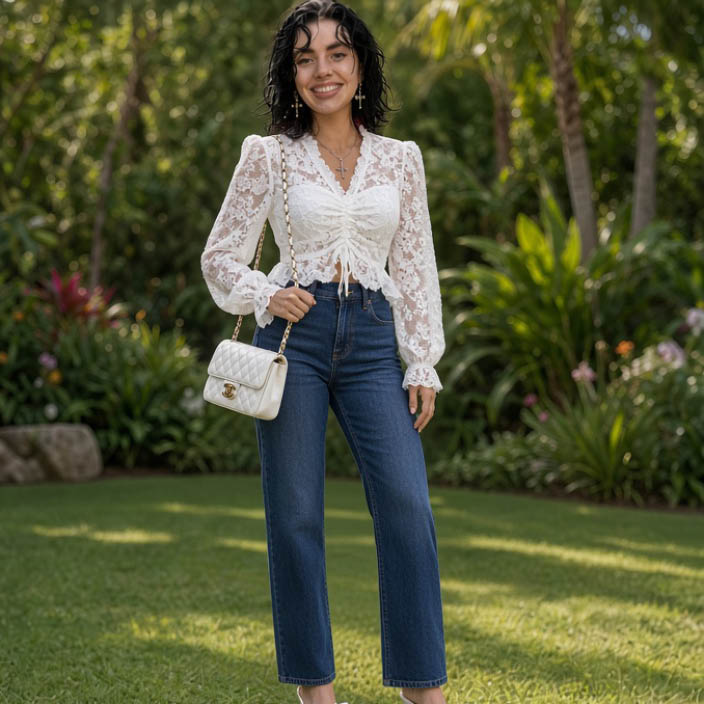 Dotsy con blusa blanca de encaje con jeans en un jardín tropical.